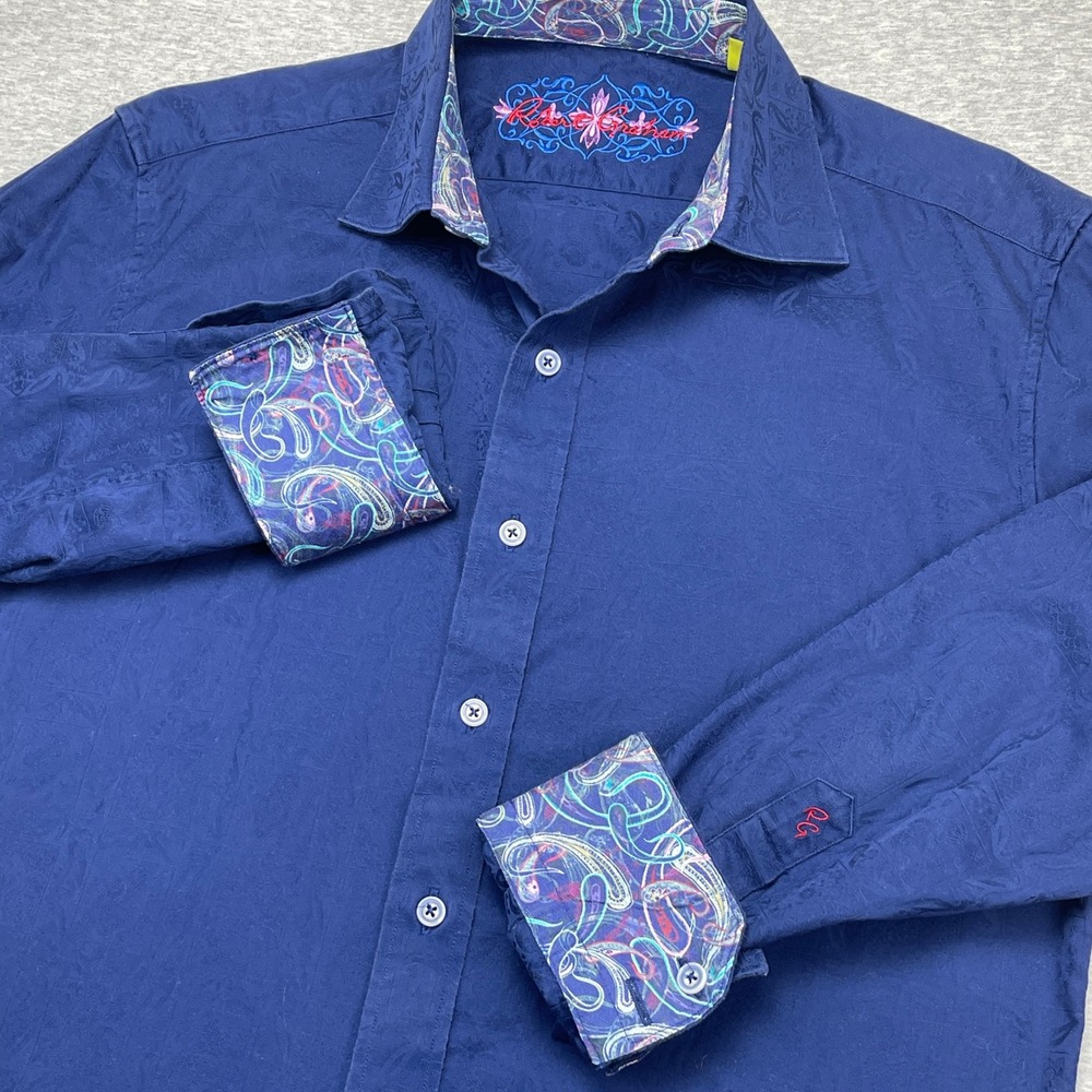 Robert Graham Mens Medium Tailored Fit Shirt Blue Jacquard Damask Paisley Cuff